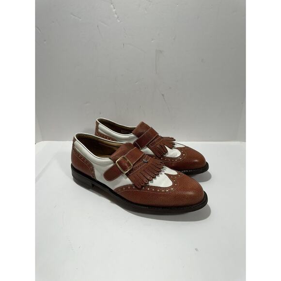 Callaway Golf Shoes Men's 9.5 Brown White Wing Monk Strap‎ Buckle Spikes Italy - Picture 1 of 10